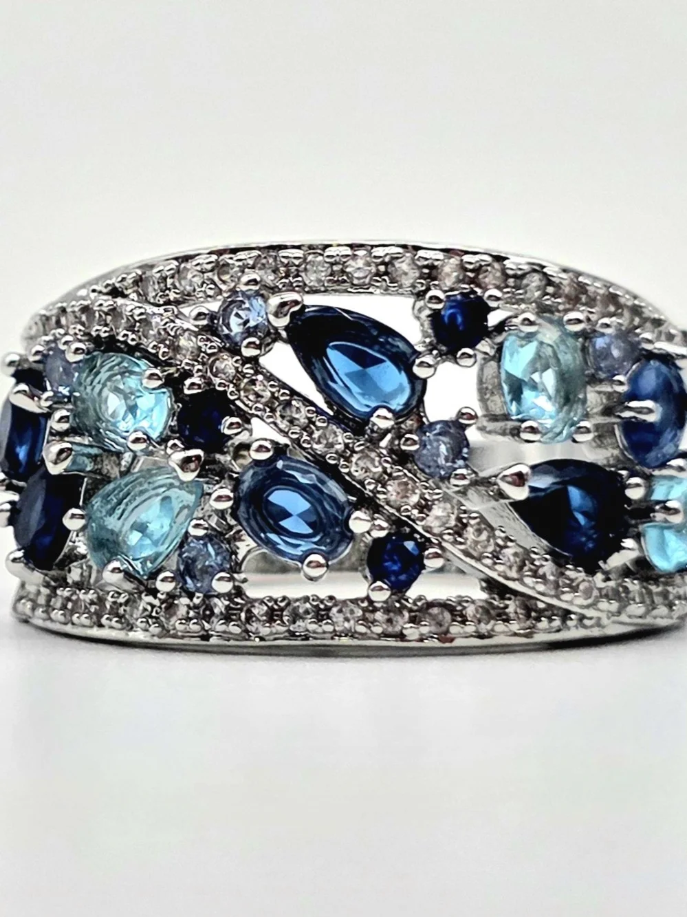 Silver-Filled Blue Multi-Gemstone Zircon Ring Size 7